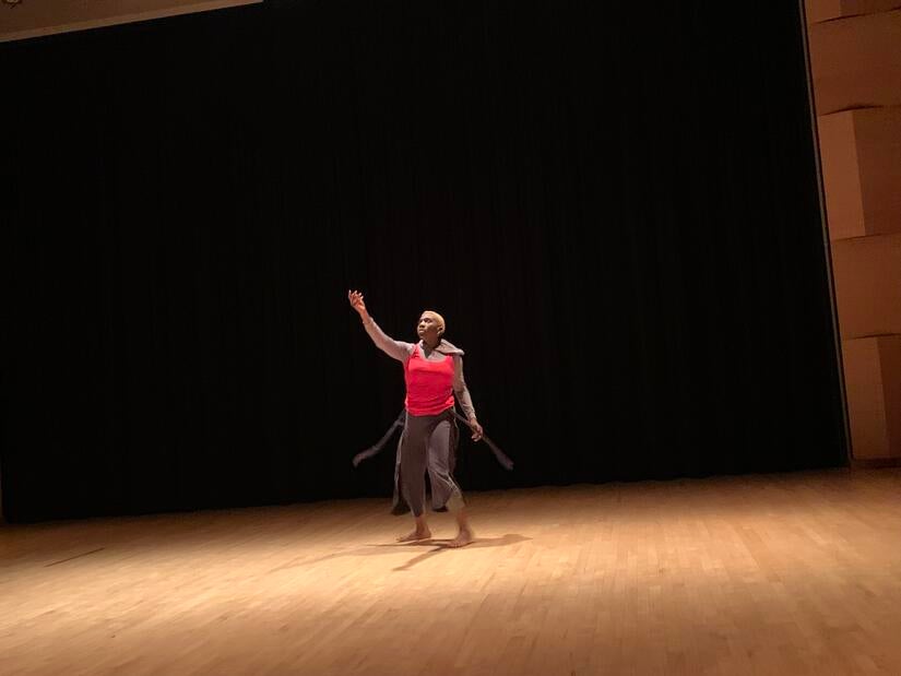 “Celebrating our Constellation: UCR + RCC + AB Miller” event brought together a group of 43 Black and Latinx students from UCR, Riverside City College in Riverside, and A.B. Miller High School in Fontana on April 30, 2022. Chav'nair Stockersolo, 25, an RCC student, performing a piece on homelessness titled “In All Honesty.” (UCR/Sandra Baltazar Martínez)